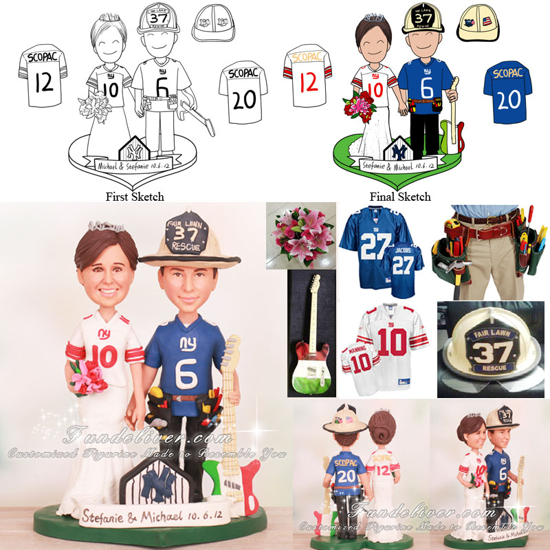 Groom in Tool Belt and Firefighter Hat Holding Guitar Cake Toppers